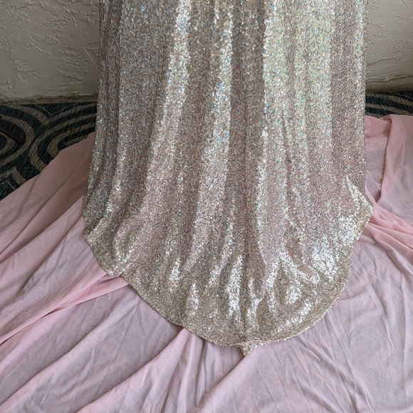 Champagne Sequin Gown, One-Shouldered Spaghetti Strap w/ Sweep Train by B. Smart - Picture 10 of 16